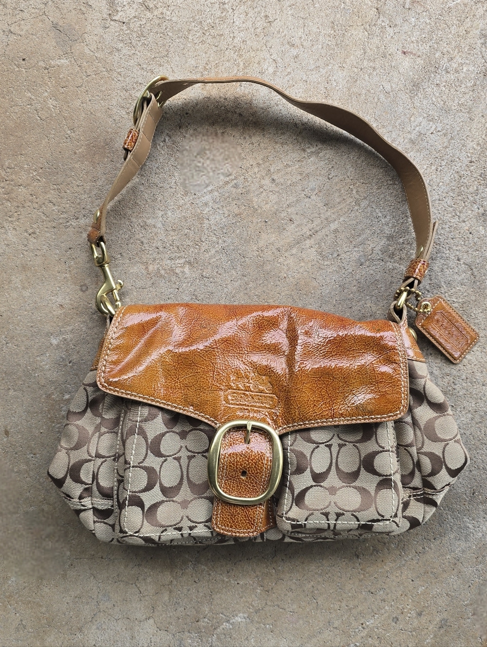 Coach Bleeker Signature C Canvas Brown Buckle Patent Leather Pocket Purse Bag